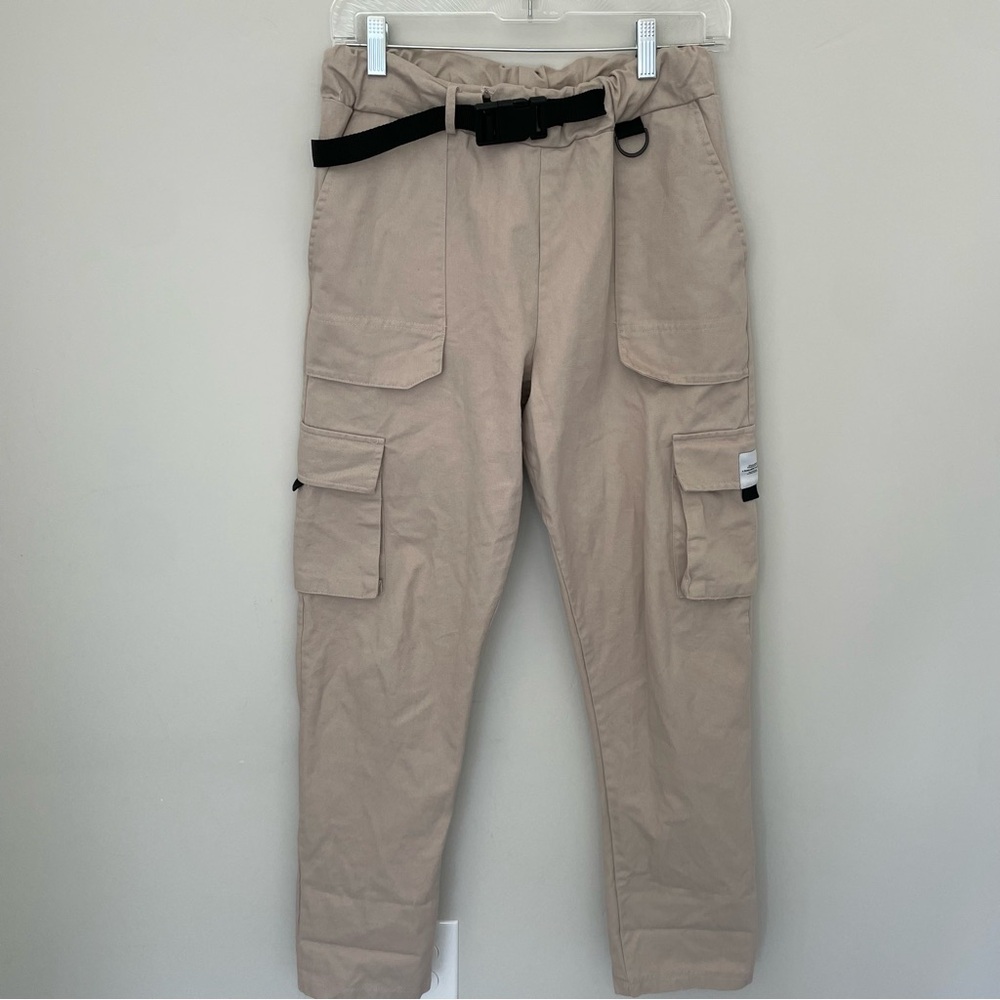 BoohooMan Relaxed Twill Belt Front Cargo Trouser Size X Small In Tan Streetwear